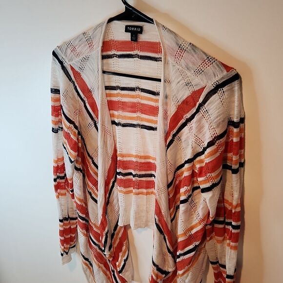 Torrid Open Front Shrug Cardigan Sweater White/Orange Striped Women's Sz 1 EUC - Picture 6 of 12